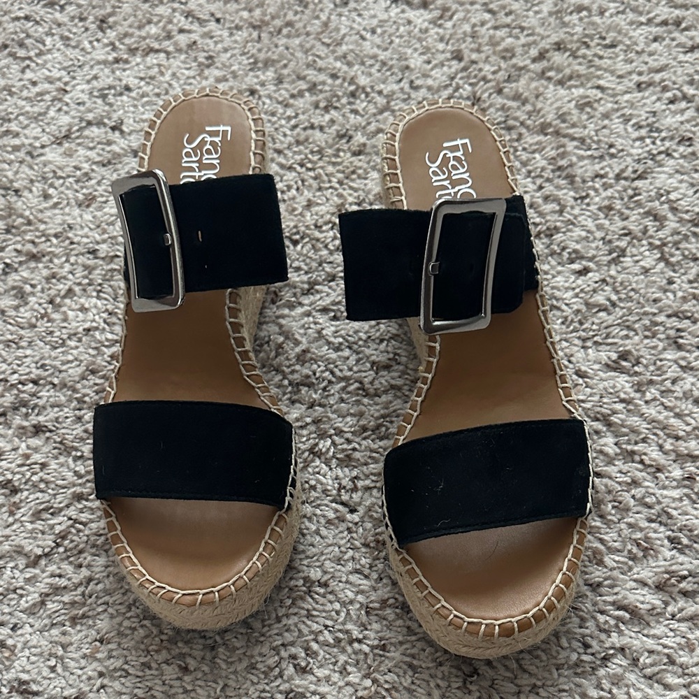 Franco Sarto Black Suede Buckle Espadrille Slide Sandals
